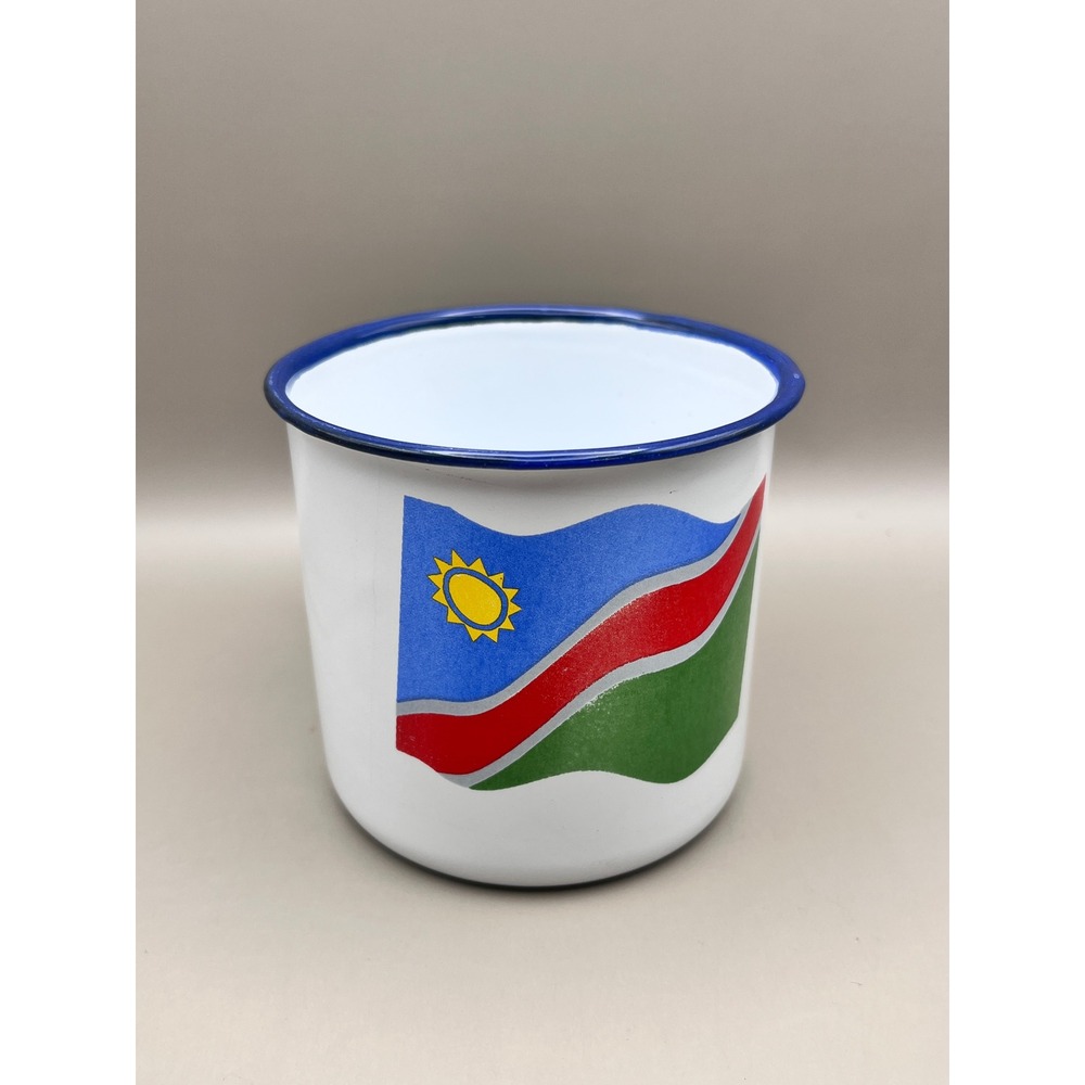 Namibia Flag Enamel Coffee Mug White Blue Rim Camping Souvenir Cup 10 oz Mug